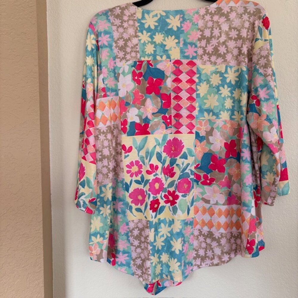 Allison Daley Womens 2X Tunic Patchwork Pastels 3/4 Sleeve Handkerchief Hem NWT - Picture 3 of 7